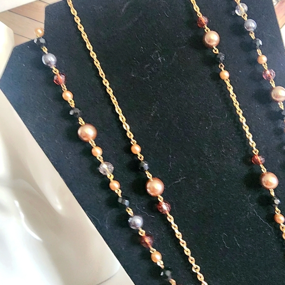 Double Strand Gold Chain Necklace with Crystals and Faux Pearls  New - Picture 5 of 7
